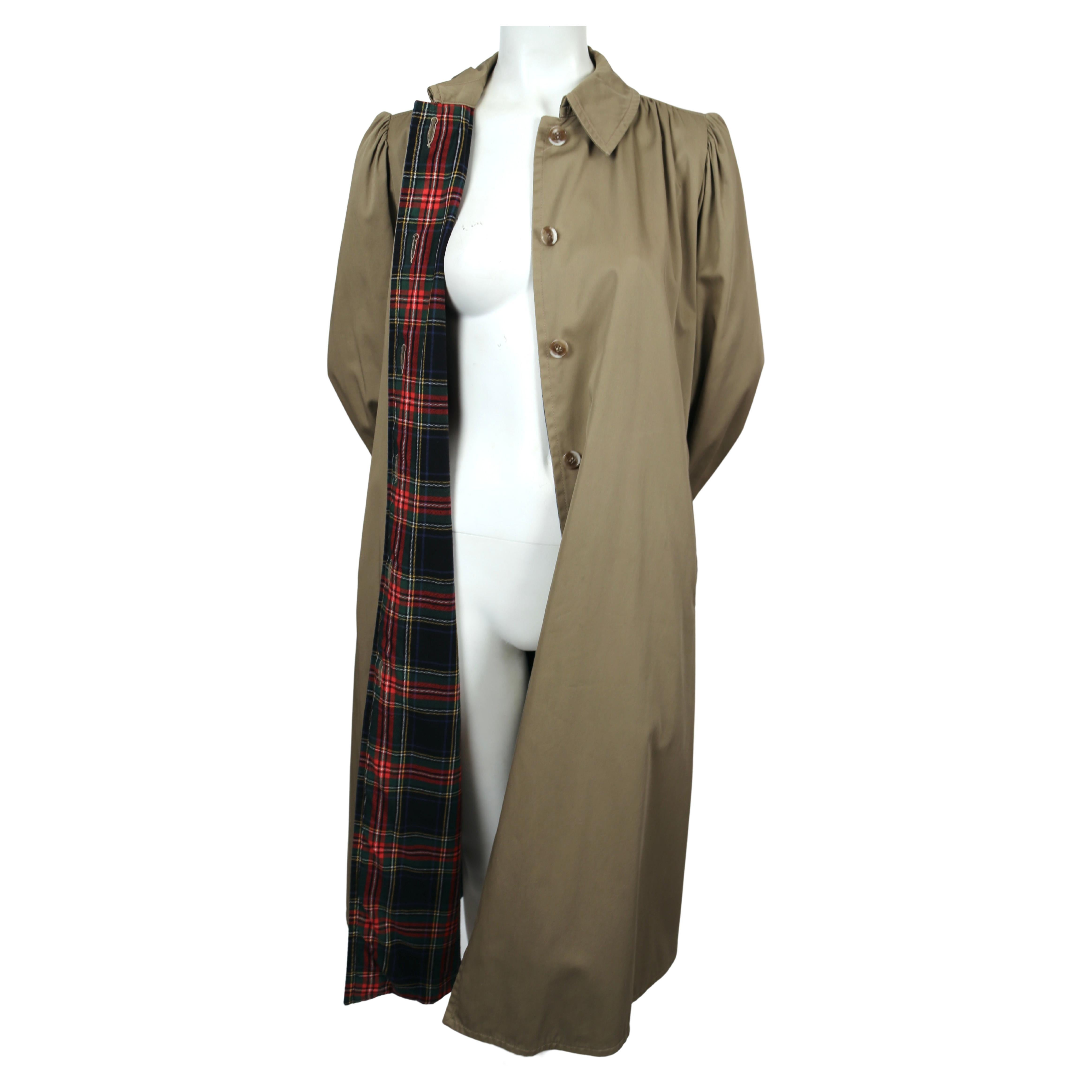 1970's SAINT LAURENT trench coat with puff sleeves and plaid wool lining In Good Condition In San Fransisco, CA