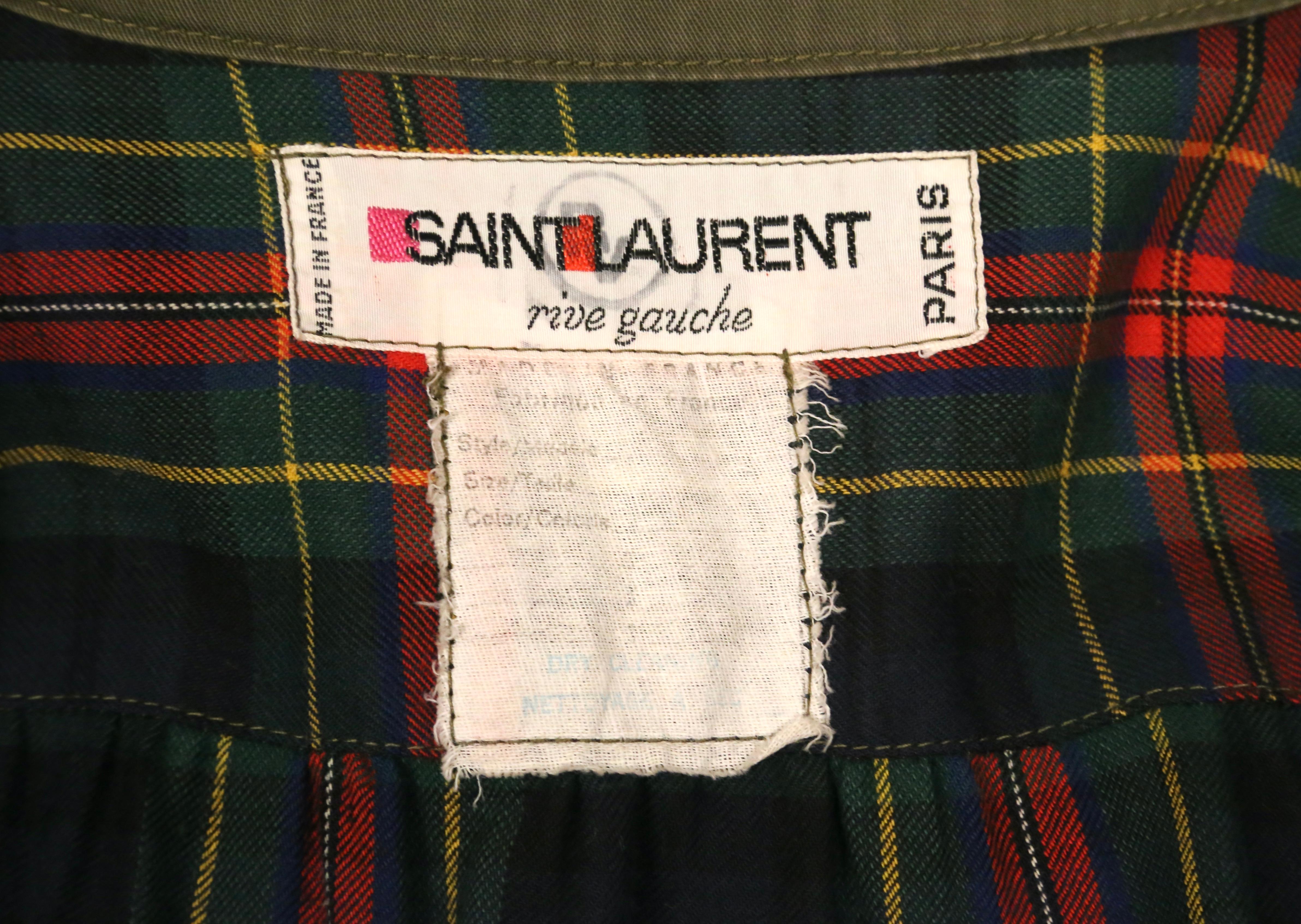 1970's SAINT LAURENT trench coat with puff sleeves and plaid wool lining For Sale 4