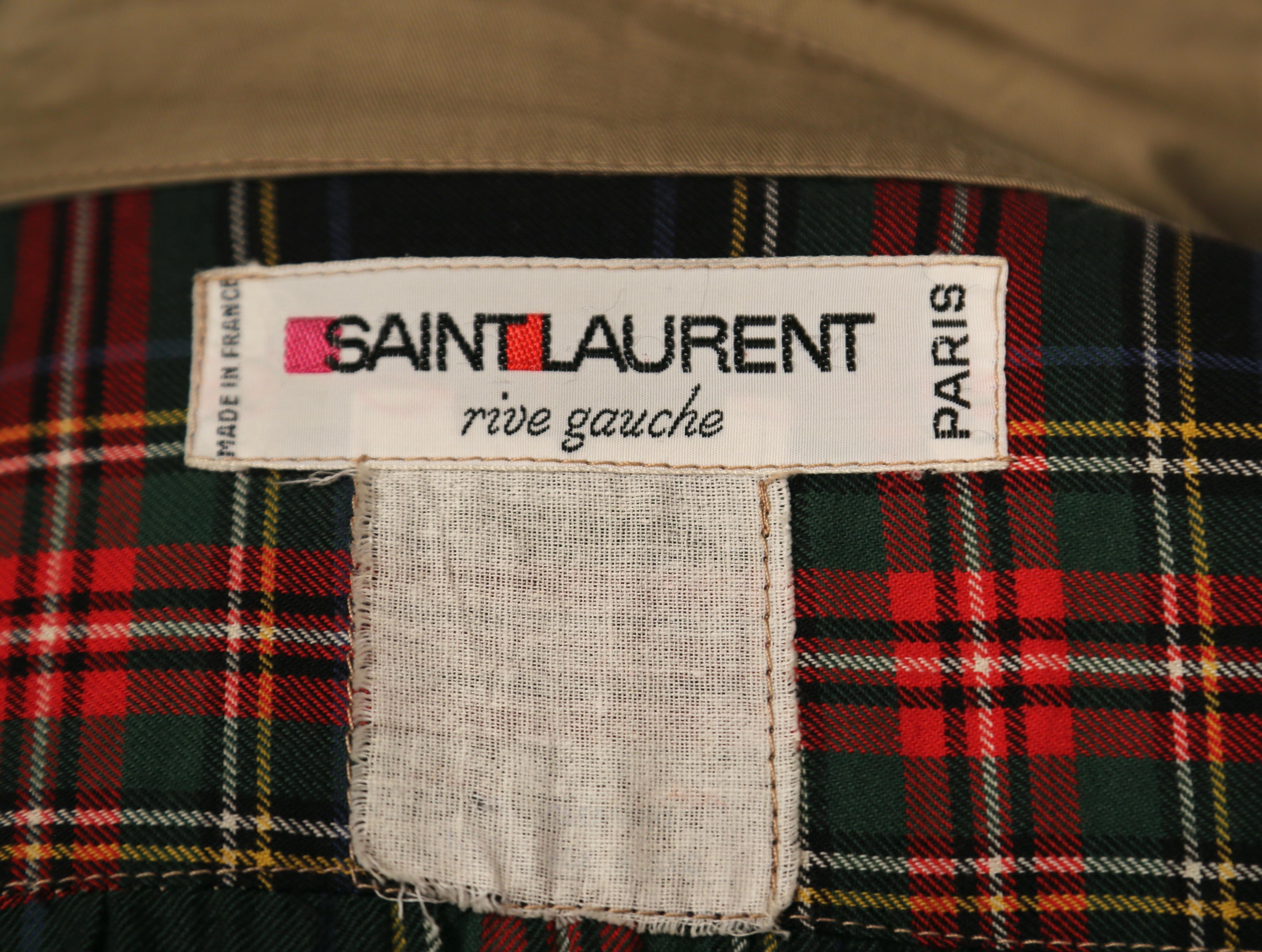 1970's SAINT LAURENT trench coat with puff sleeves and plaid wool lining 1