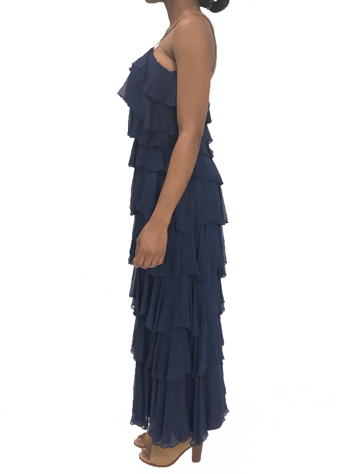 1970S SAKS 5TH AVENUE Navy Silk Chiffon Ruffled Gown In Excellent Condition For Sale In New York, NY