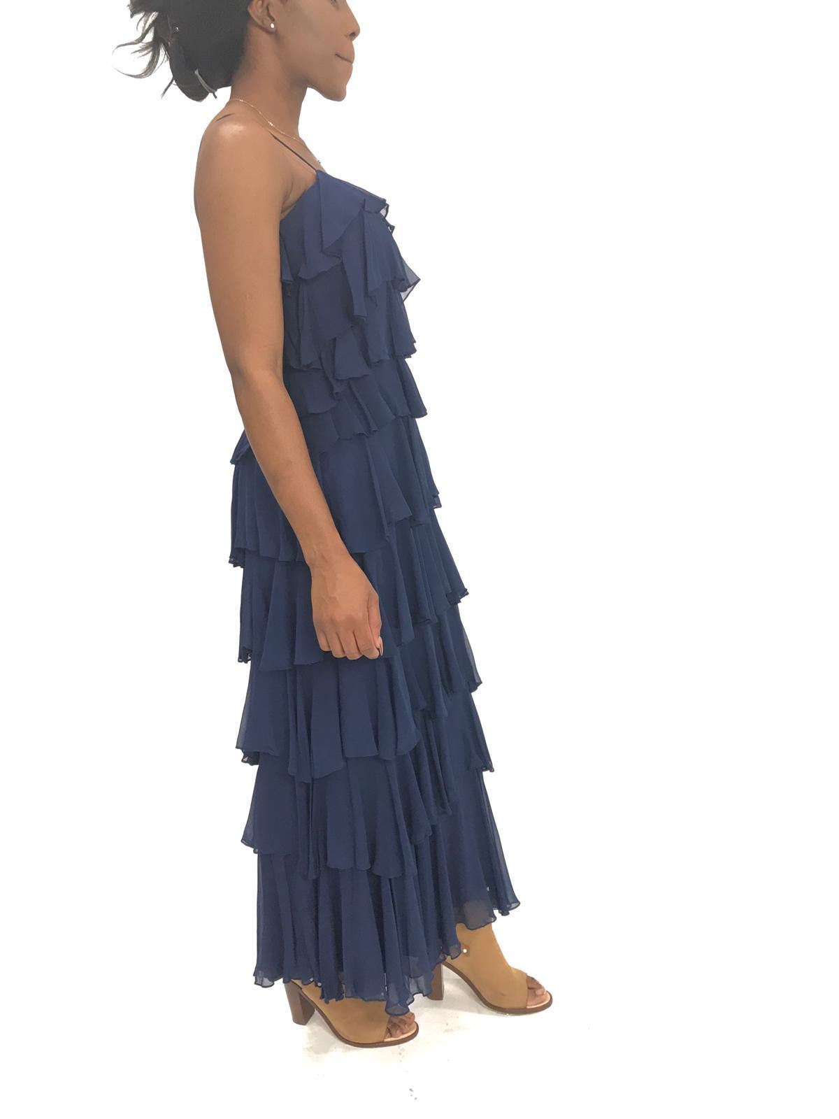 Women's 1970S SAKS 5TH AVENUE Navy Silk Chiffon Ruffled Gown For Sale