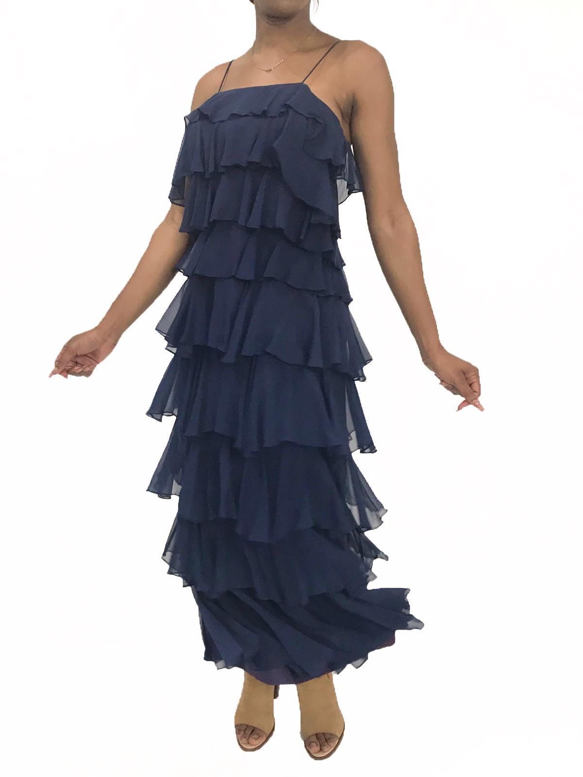 1970S SAKS 5TH AVENUE Navy Silk Chiffon Ruffled Gown For Sale 1