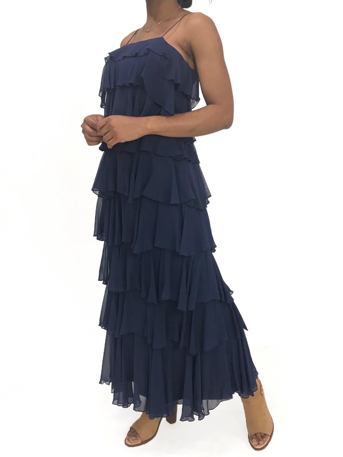 1970S SAKS 5TH AVENUE Navy Silk Chiffon Ruffled Gown For Sale 2