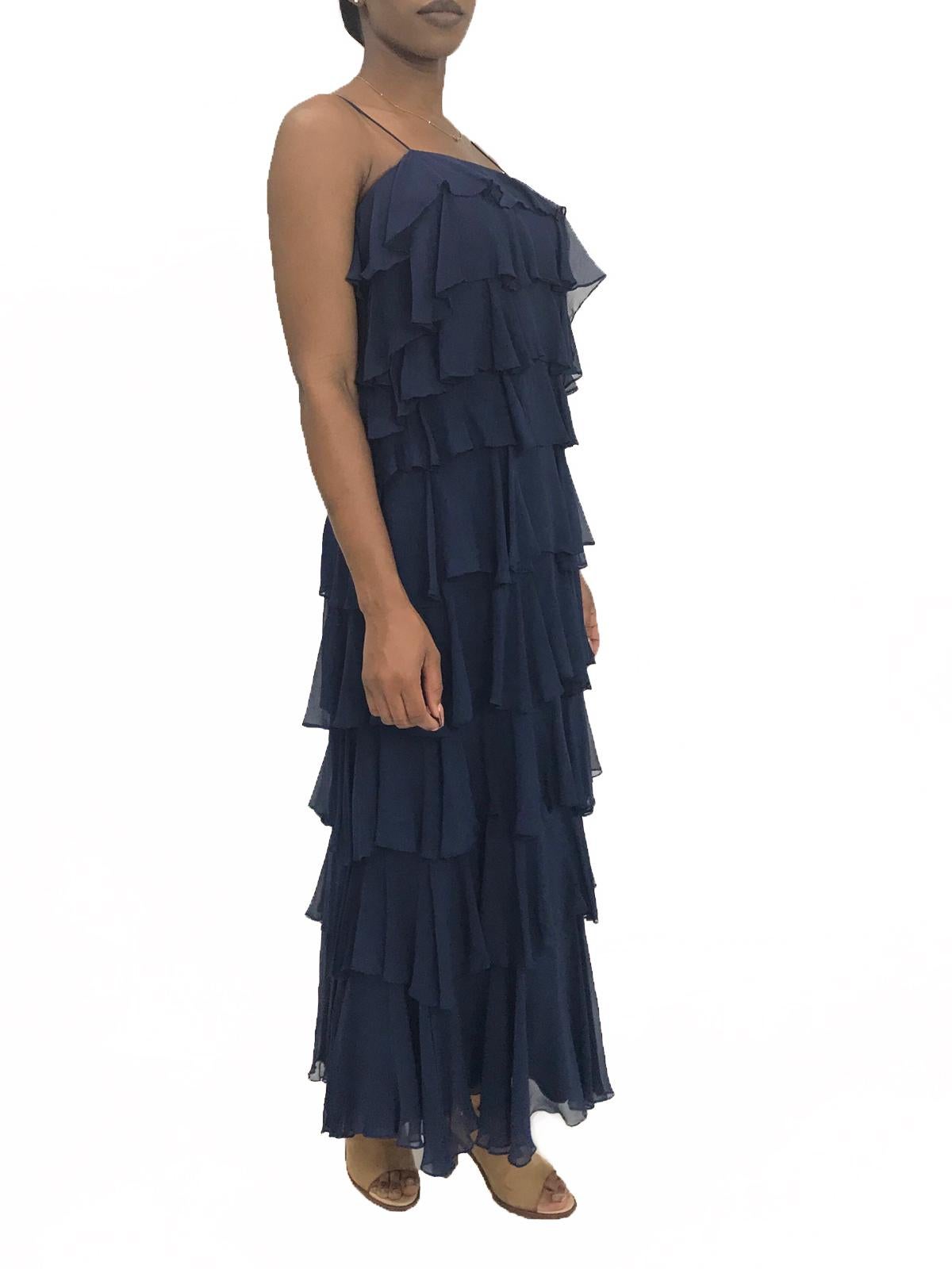 1970S SAKS 5TH AVENUE Navy Silk Chiffon Ruffled Gown For Sale 3