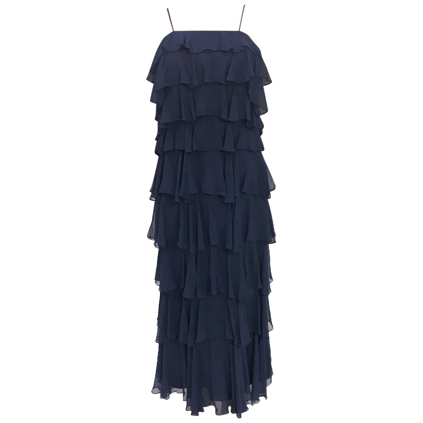 1970S SAKS 5TH AVENUE Navy Silk Chiffon Ruffled Gown For Sale