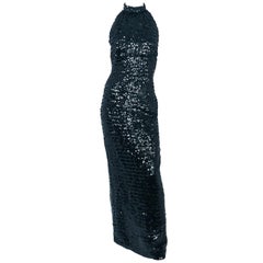 1970s Saks Fifth Ave. Black Sequin Halter Top Dress