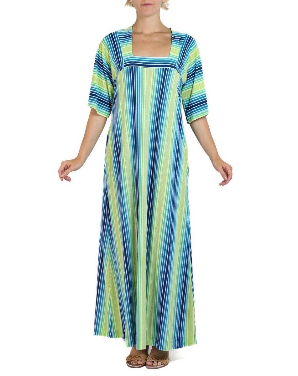 1970S Saks Fifth Avenue Blue, Green & Yellow Poly Blend Terry Cloth Striped Dress With Pockets