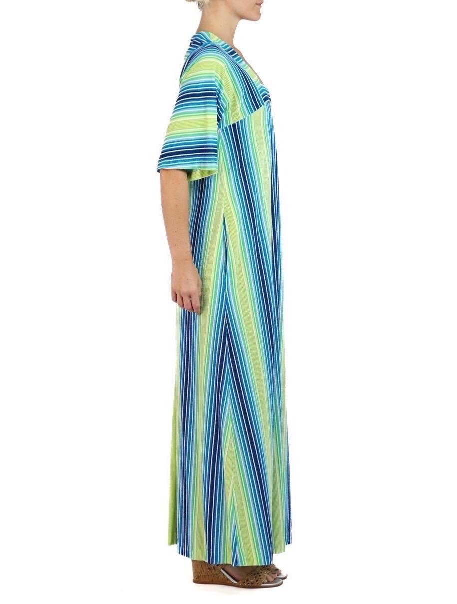 Women's 1970S Saks Fifth Avenue Blue, Green & Yellow Poly Blend Terry Cloth Striped Dre For Sale