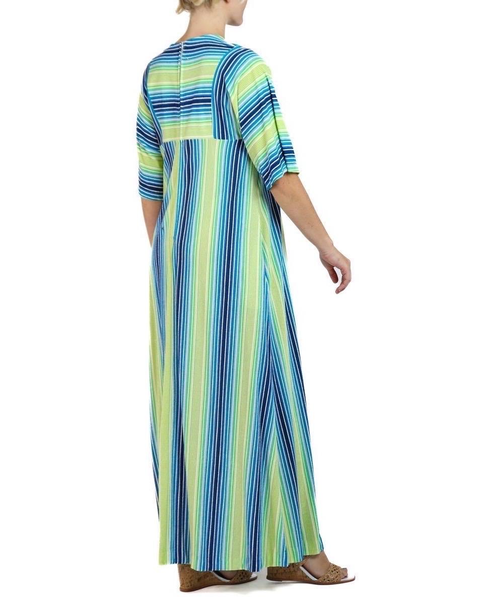 1970S Saks Fifth Avenue Blue, Green & Yellow Poly Blend Terry Cloth Striped Dre For Sale 1