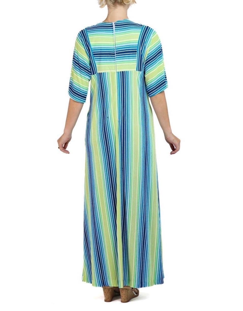 1970S Saks Fifth Avenue Blue, Green & Yellow Poly Blend Terry Cloth Striped Dre For Sale 2