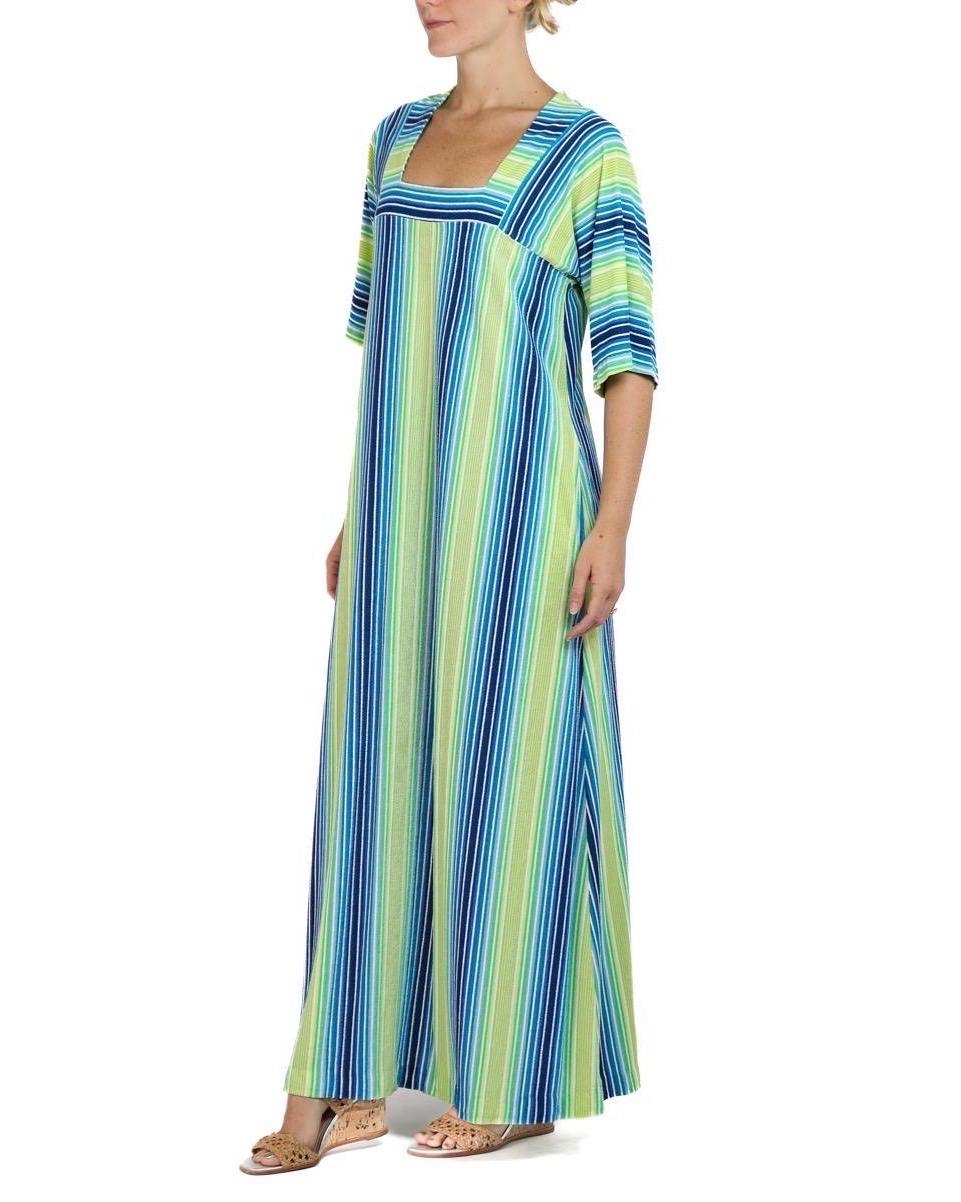 1970S Saks Fifth Avenue Blue, Green & Yellow Poly Blend Terry Cloth Striped Dre For Sale 3