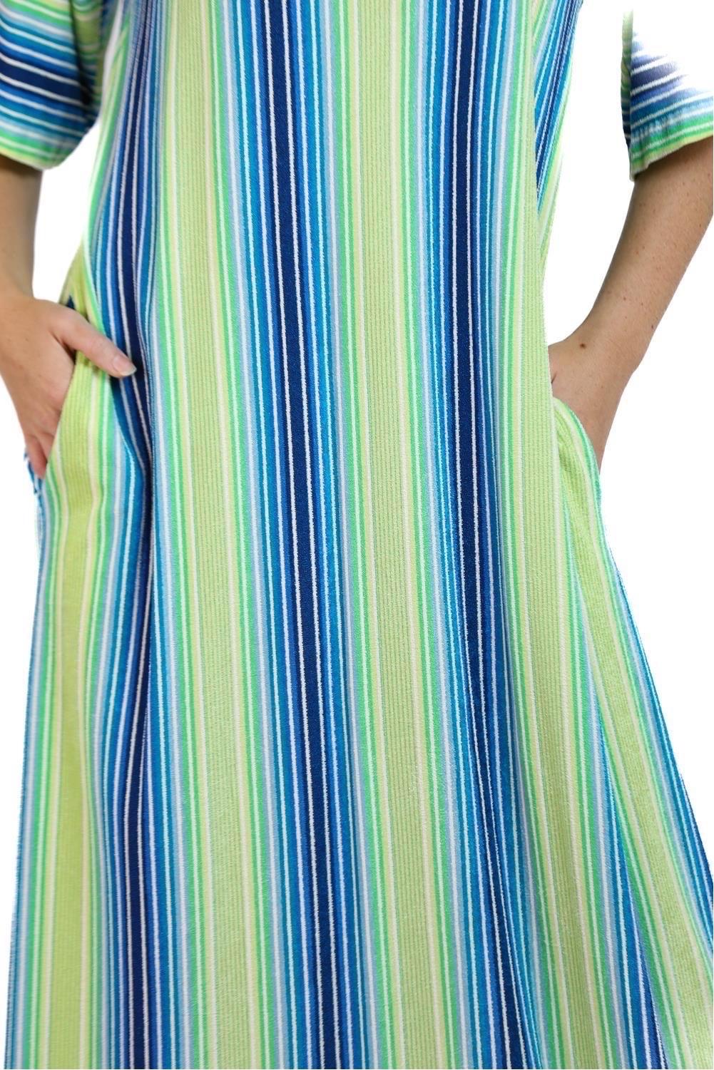 1970S Saks Fifth Avenue Blue, Green & Yellow Poly Blend Terry Cloth Striped Dre For Sale 4