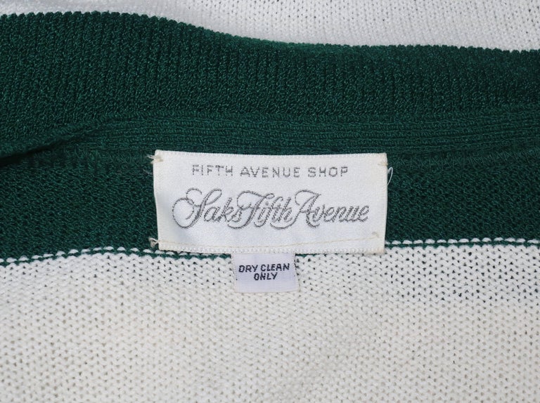 1970's Saks Fifth Avenue Green and White Striped Knit Sweater Set For ...
