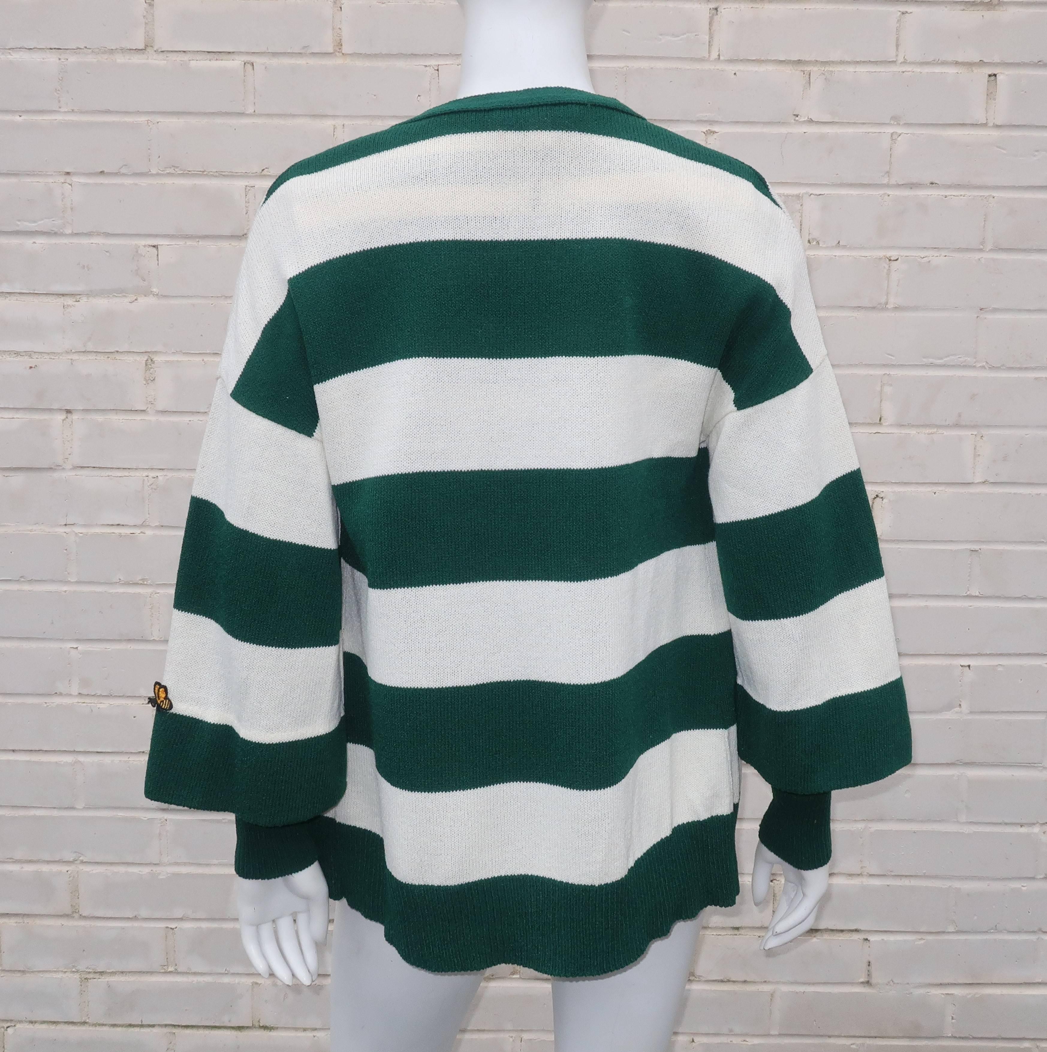 Black 1970's Saks Fifth Avenue Green & White Striped Knit Sweater Set