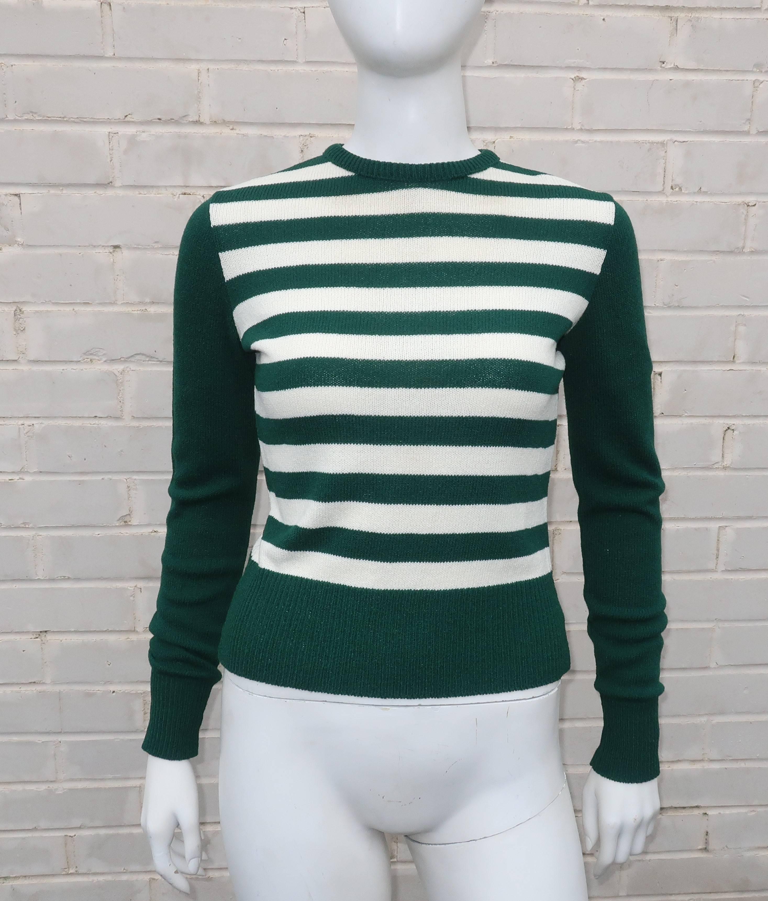1970's Saks Fifth Avenue Green & White Striped Knit Sweater Set In Excellent Condition In Atlanta, GA
