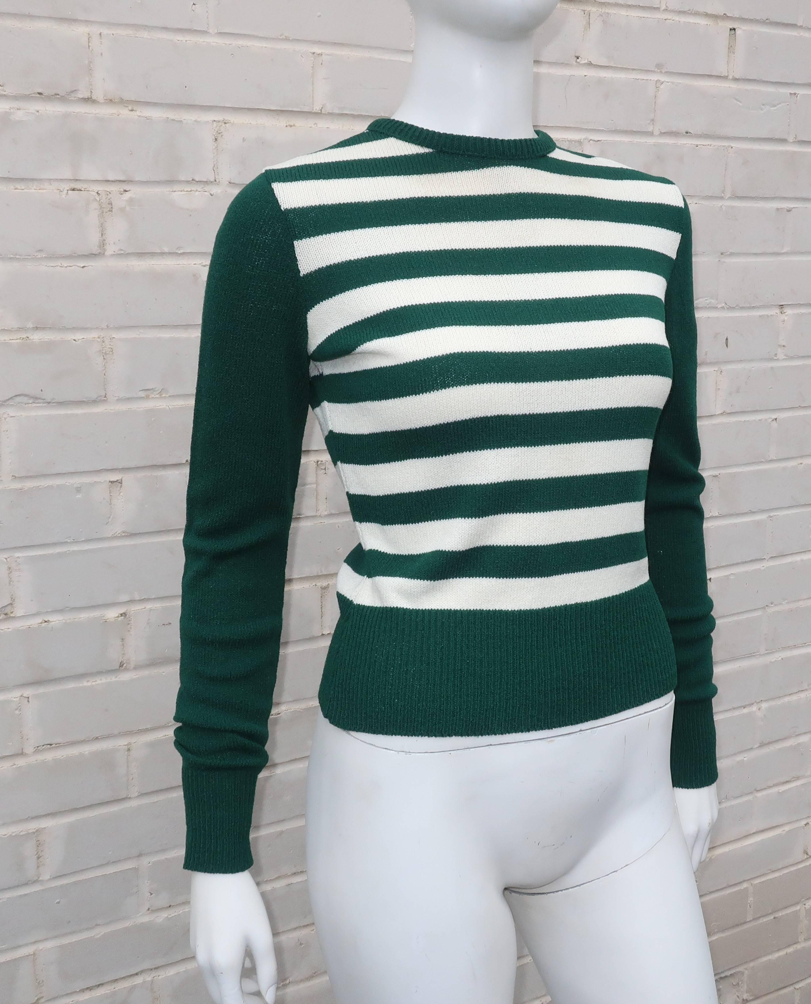 Women's 1970's Saks Fifth Avenue Green & White Striped Knit Sweater Set