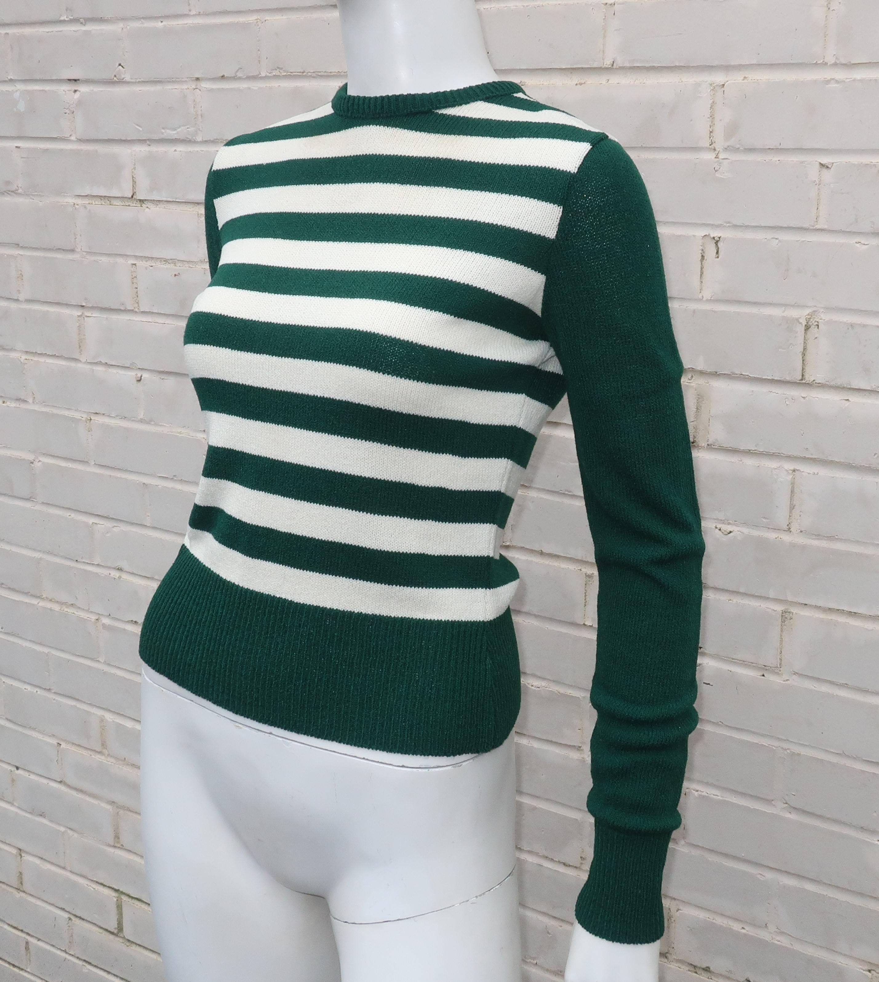 1970's Saks Fifth Avenue Green & White Striped Knit Sweater Set 1