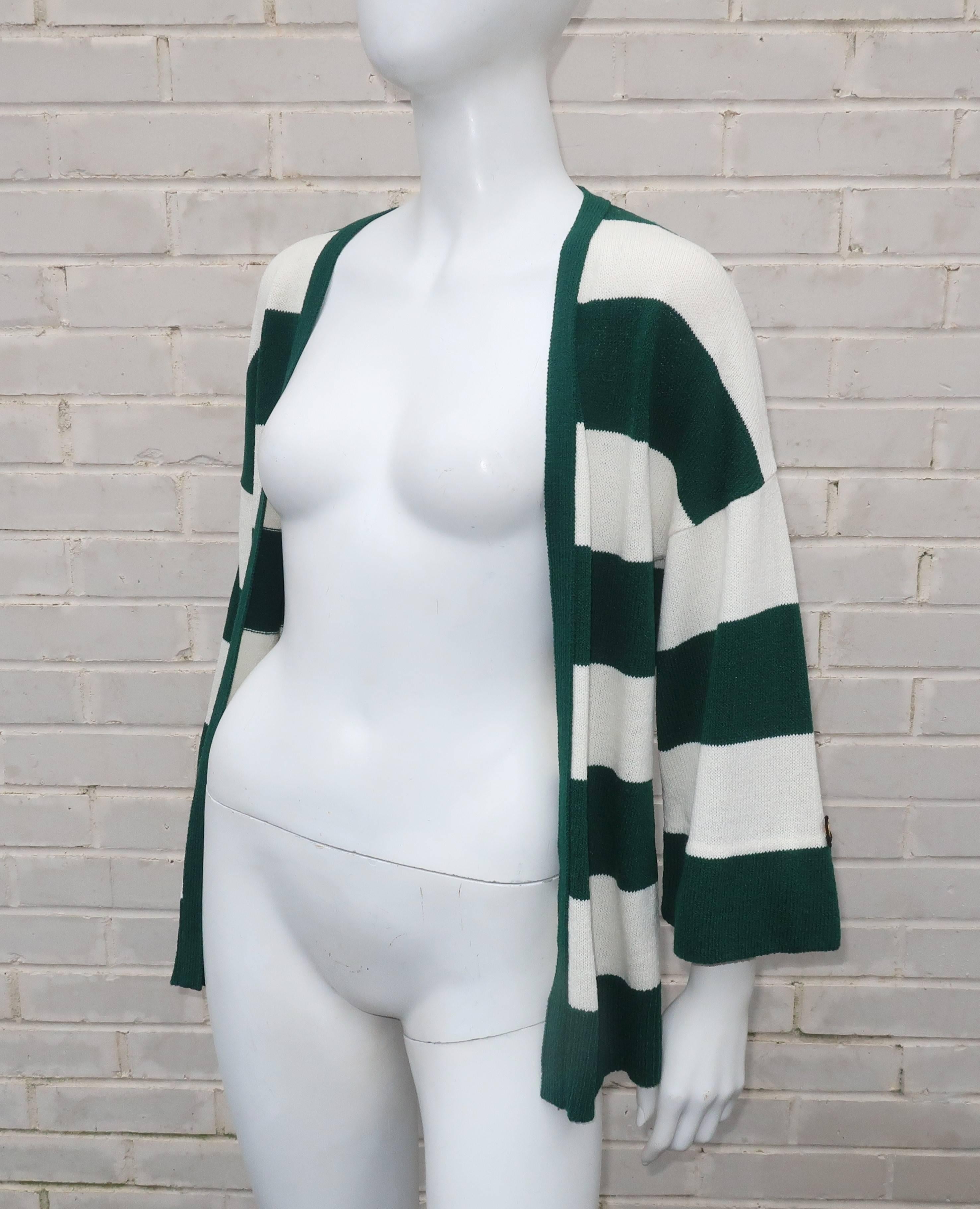 1970's Saks Fifth Avenue Green & White Striped Knit Sweater Set 2