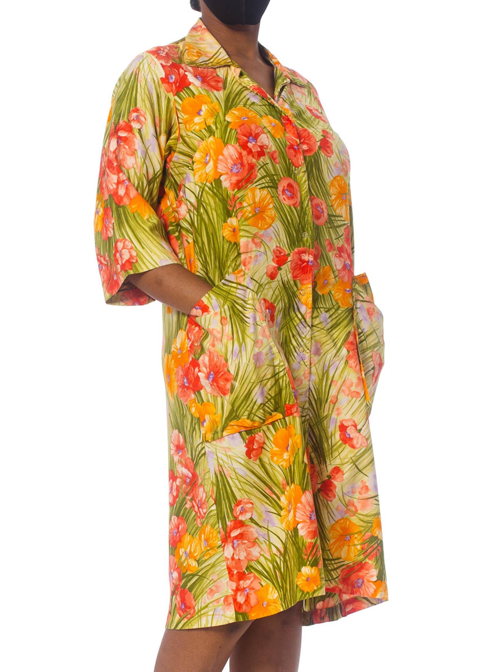 1970S SAKS FIFTH AVENUE Orange & Green Floral Cotton Sateen House Coat Dress With Patch Pockets