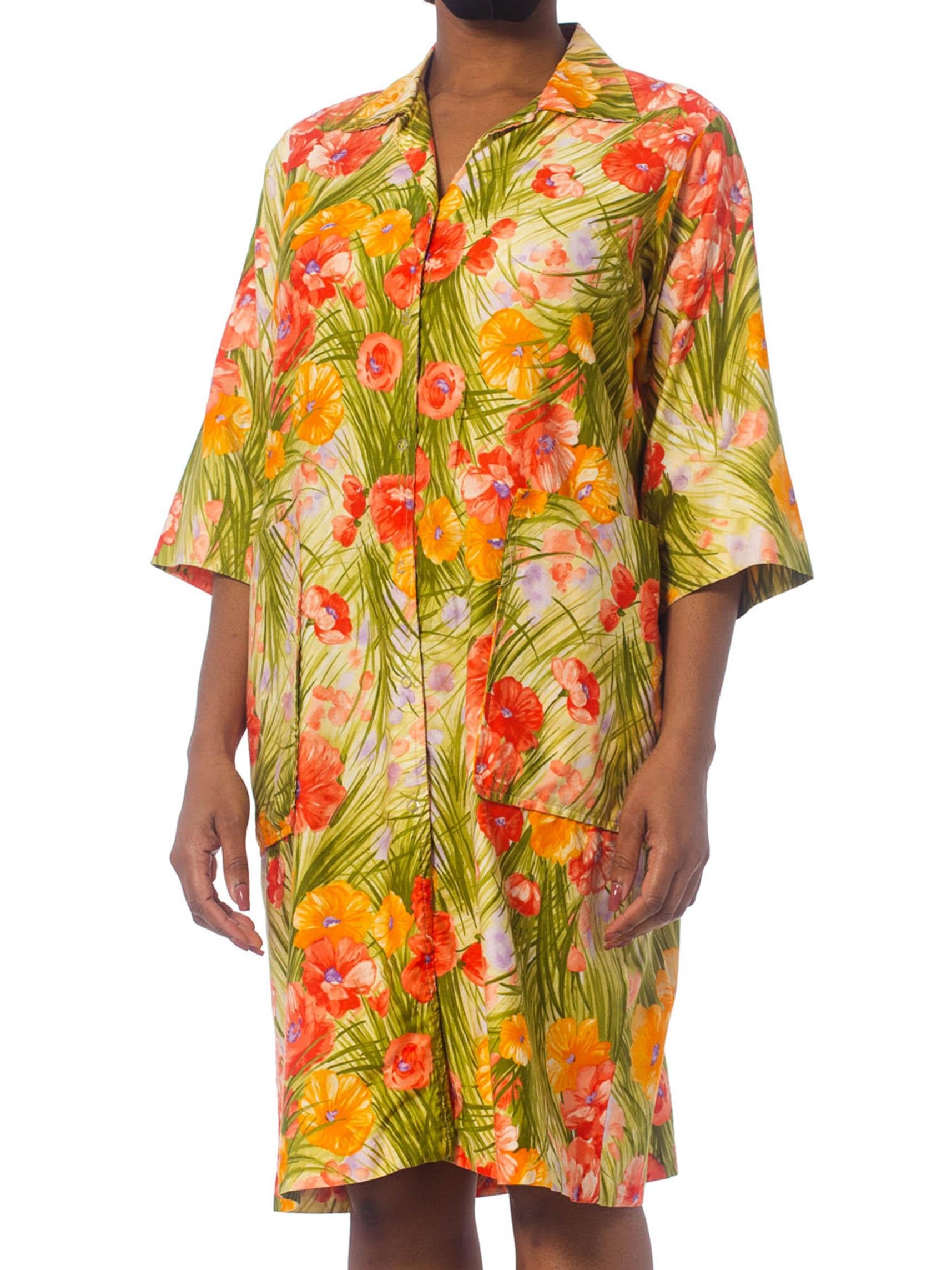 Brown 1970S SAKS FIFTH AVENUE Orange & Green Floral Cotton Sateen House Coat Dress Wi For Sale