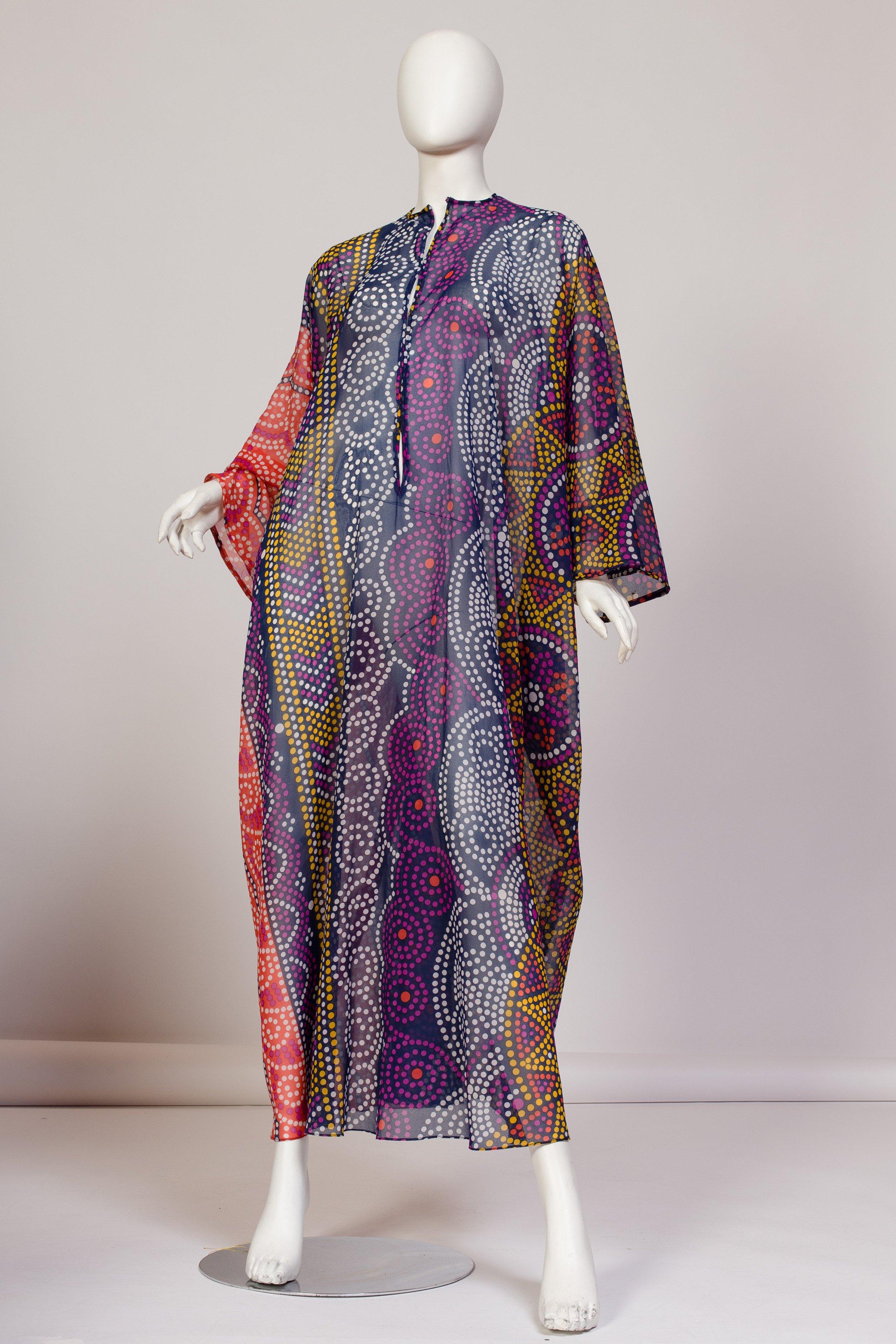1970S SAKS Purple & Blue Polka Dot Polyester Chiffon Sheer  Kaftan In Excellent Condition In New York, NY