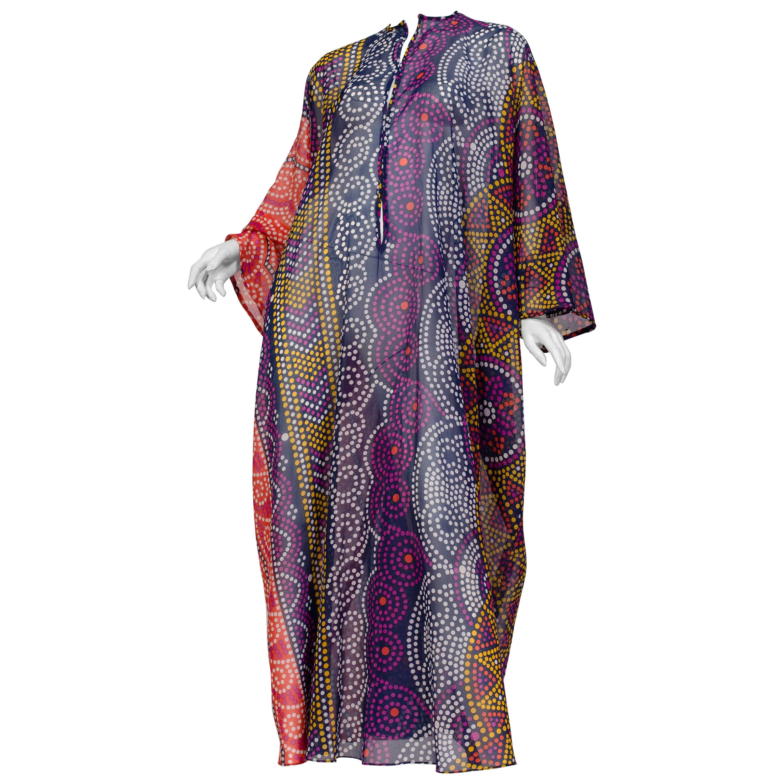 1970S SAKS Purple & Blue Polka Dot Polyester Chiffon Sheer  Kaftan