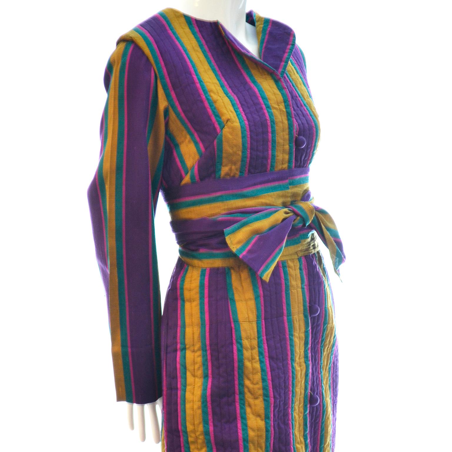 1970s Saks Fifth Avenue Vintage Purple & Gold Stripe Silk Caftan Dress w Belt For Sale 2