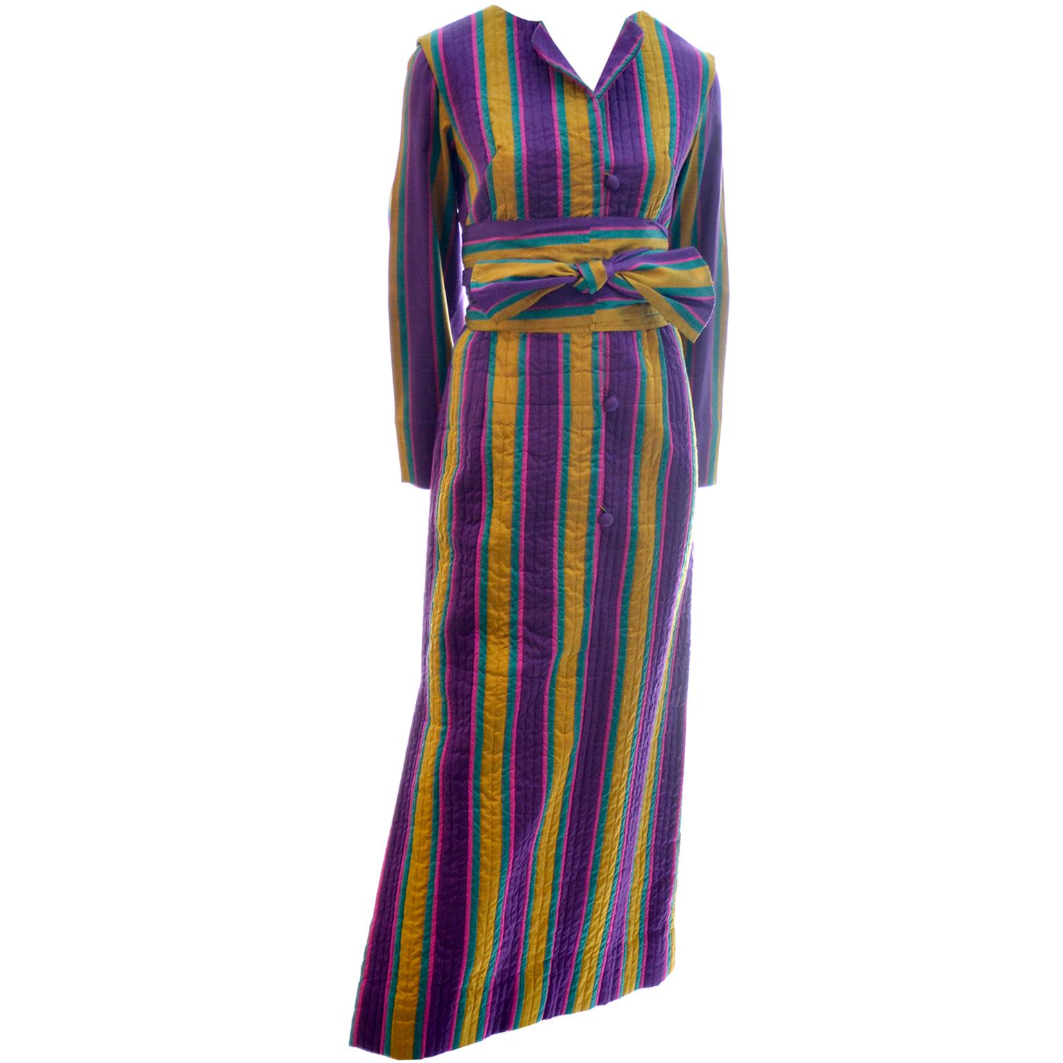 1970s Saks Fifth Avenue Vintage Purple & Gold Stripe Silk Caftan Dress w Belt For Sale 3