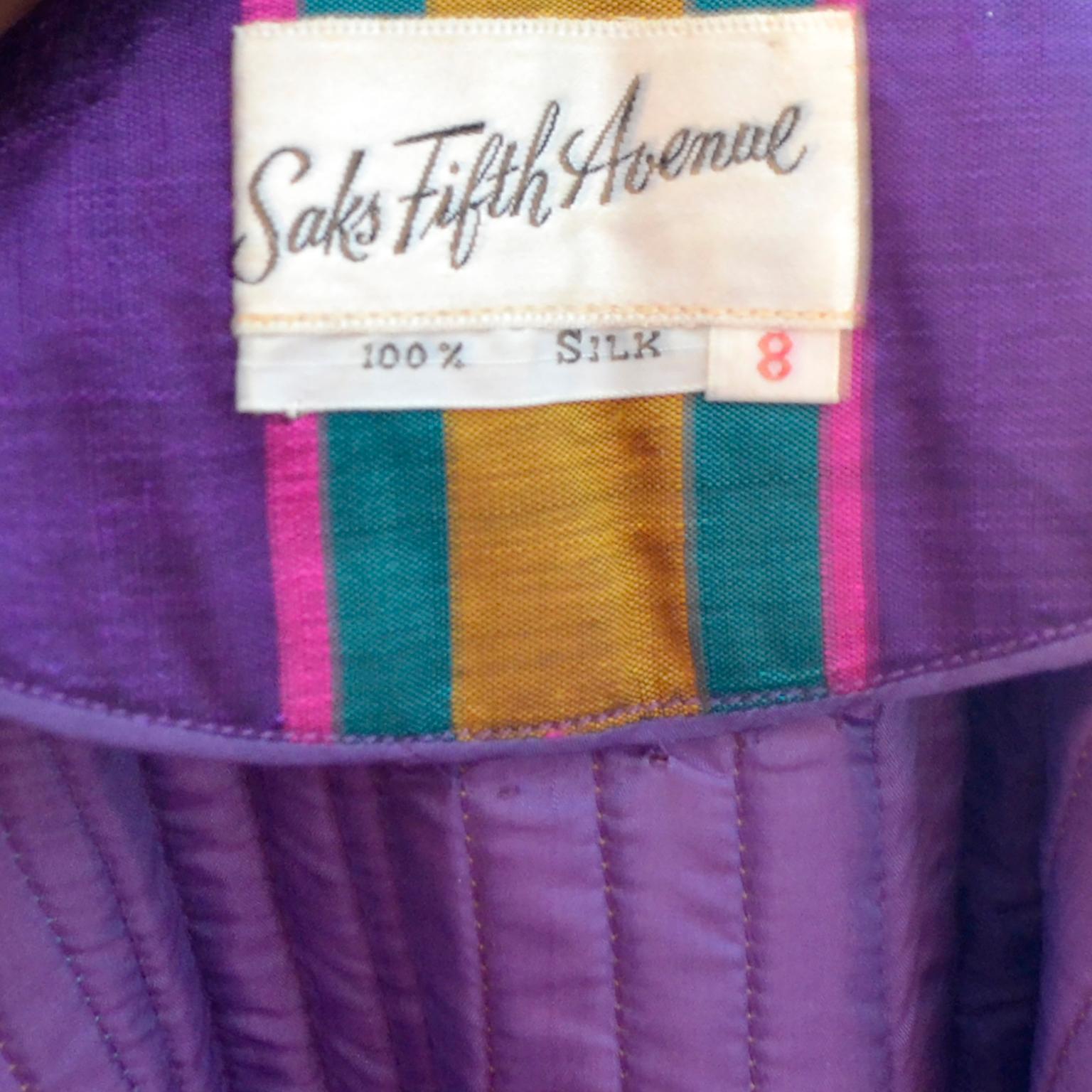 1970s Saks Fifth Avenue Vintage Purple & Gold Stripe Silk Caftan Dress w Belt For Sale 4