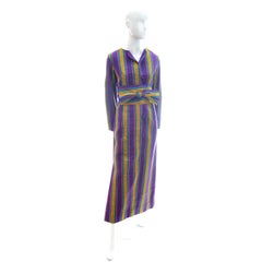 1970s Saks Fifth Avenue Vintage Purple & Gold Stripe Silk Caftan Dress w Belt