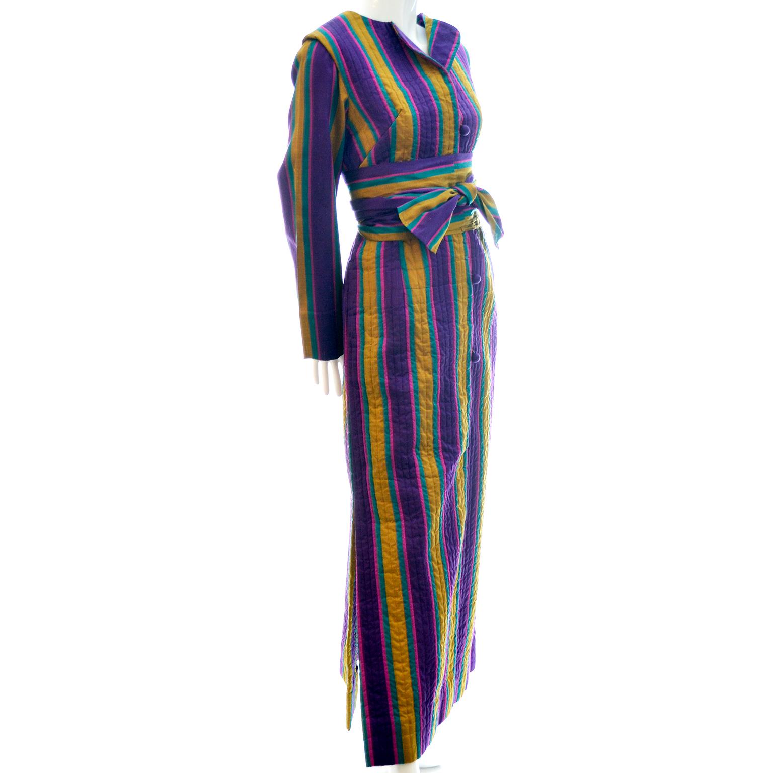 Gray 1970s Saks Fifth Avenue Vintage Purple & Gold Stripe Silk Caftan Dress w Belt For Sale