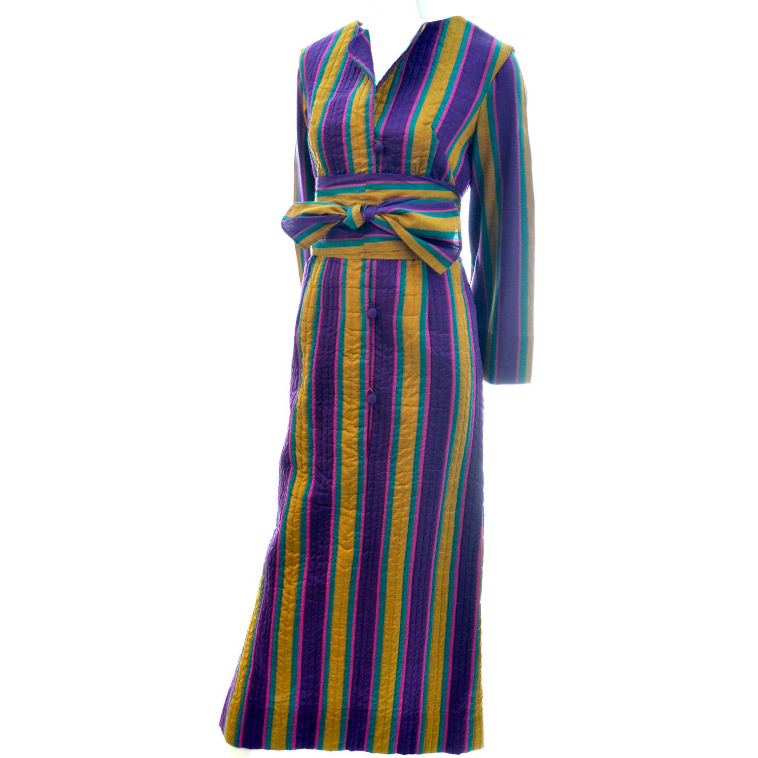 Women's 1970s Saks Fifth Avenue Vintage Purple & Gold Stripe Silk Caftan Dress w Belt For Sale