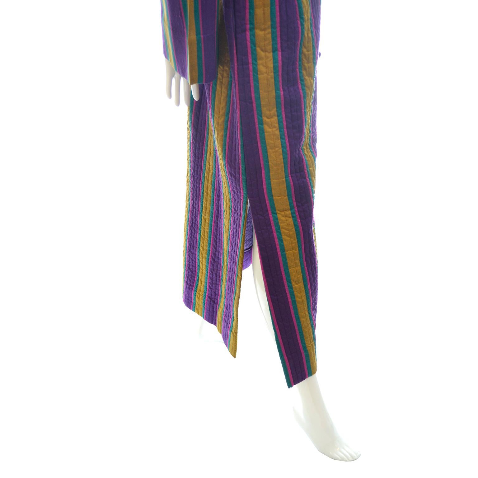 1970s Saks Fifth Avenue Vintage Purple & Gold Stripe Silk Caftan Dress w Belt For Sale 1