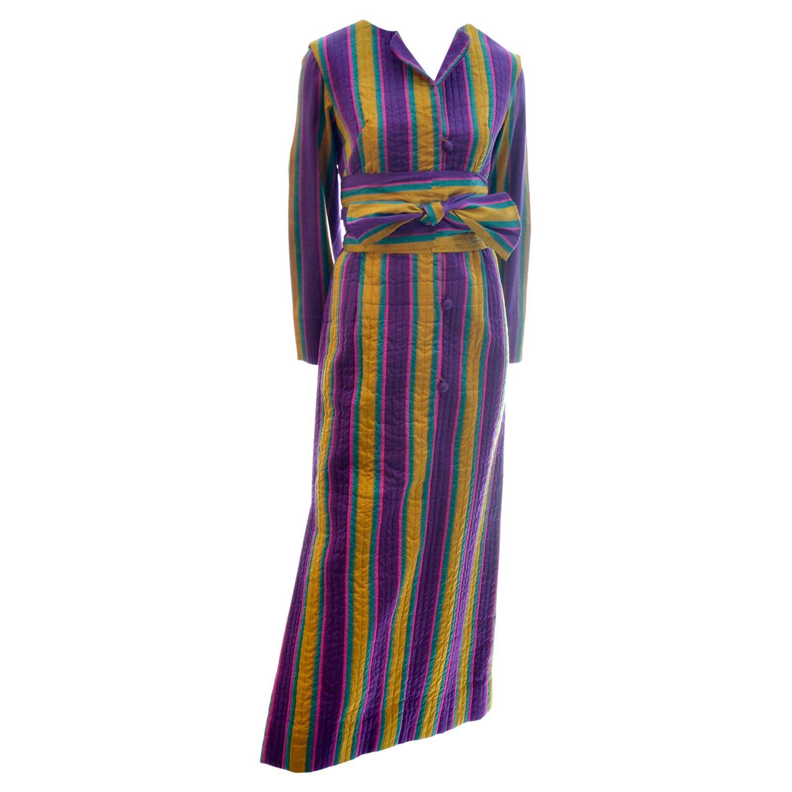 1970s Saks Fifth Avenue Vintage Purple & Gold Stripe Silk Caftan Dress w Belt