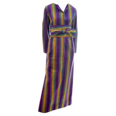 1970s Saks Fifth Avenue Vintage Purple & Gold Stripe Silk Caftan Dress w Belt