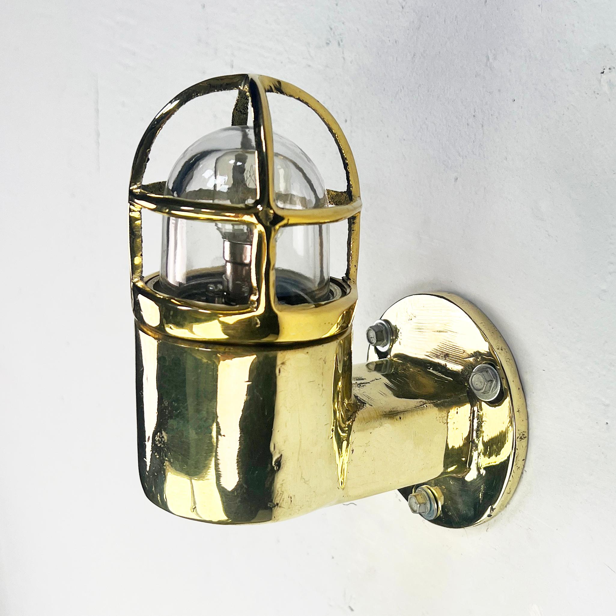 Industrial 1970's Sall Cast Solid Brass 90 Degree Wall Light with Cage and Glass Dome For Sale
