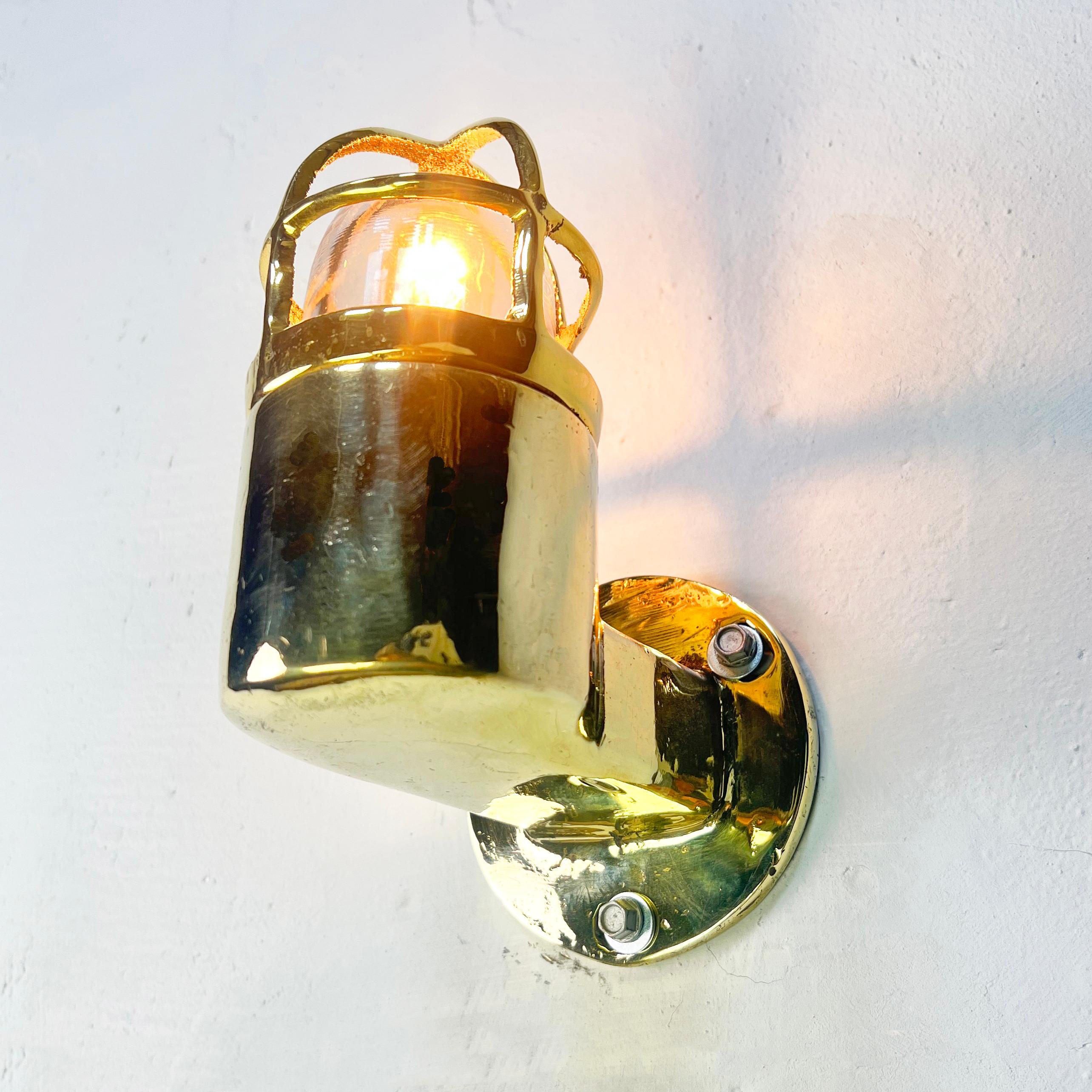 1970's Sall Cast Solid Brass 90 Degree Wall Light with Cage and Glass Dome In Good Condition For Sale In Leicester, Leicestershire
