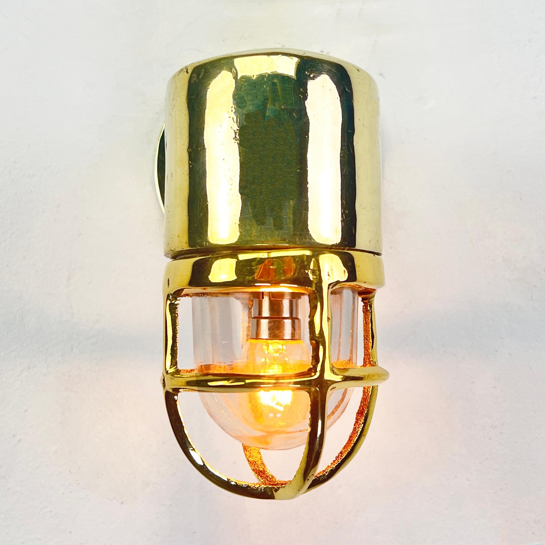1970's Sall Cast Solid Brass 90 Degree Wall Light with Cage and Glass Dome For Sale 1