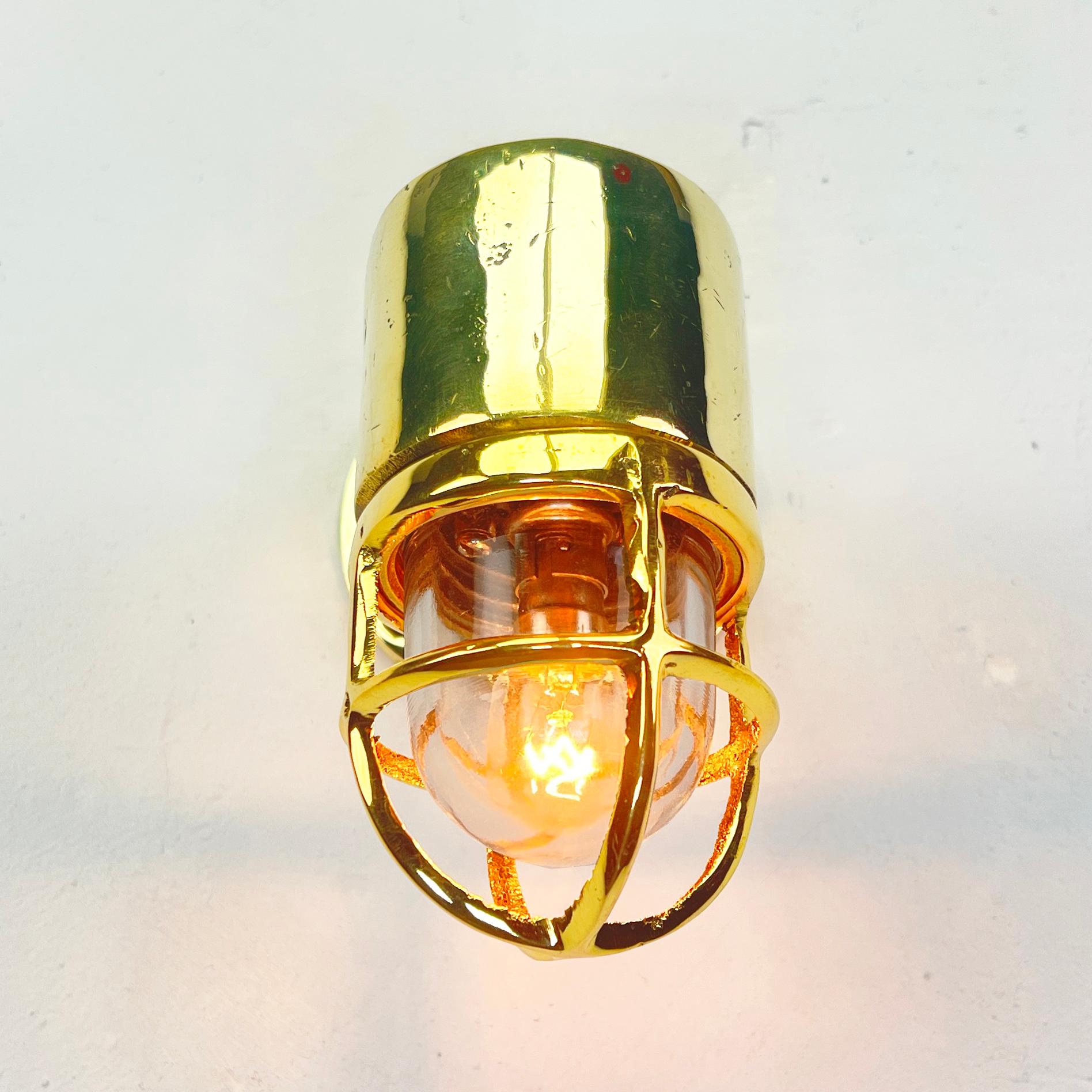 1970's Sall Cast Solid Brass 90 Degree Wall Light with Cage and Glass Dome For Sale 2