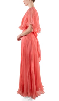1970S Salmon Pink Polyester Pleated Ruffle Gown