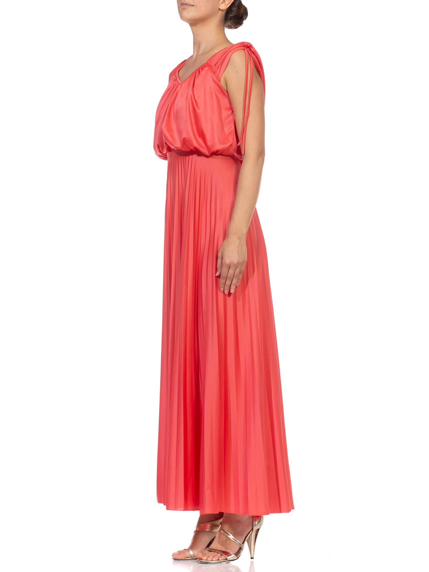 1970S Salmon Red Polyester Jersey Pleated Gown In Excellent Condition In New York, NY