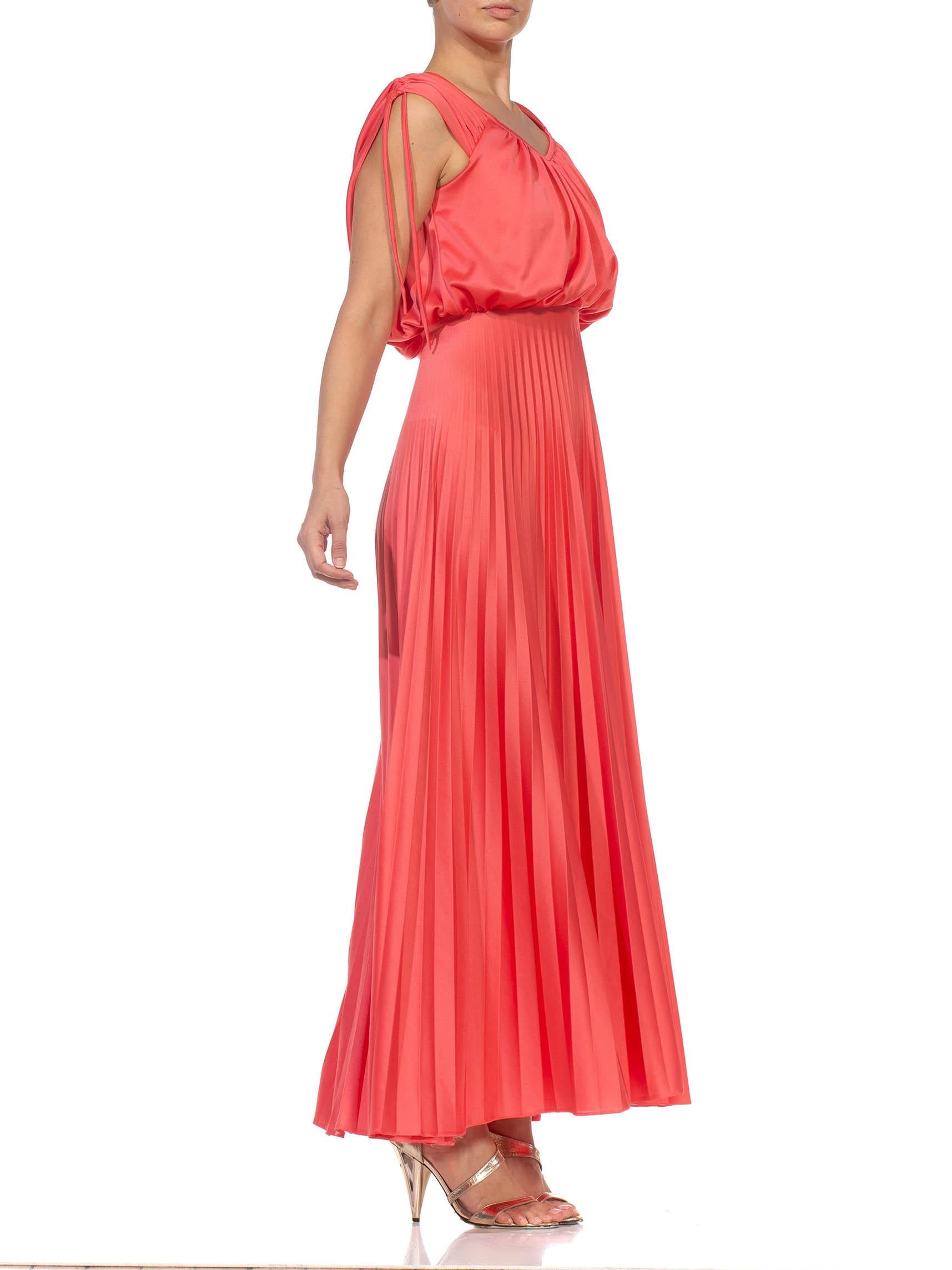 Women's 1970S Salmon Red Polyester Jersey Pleated Gown