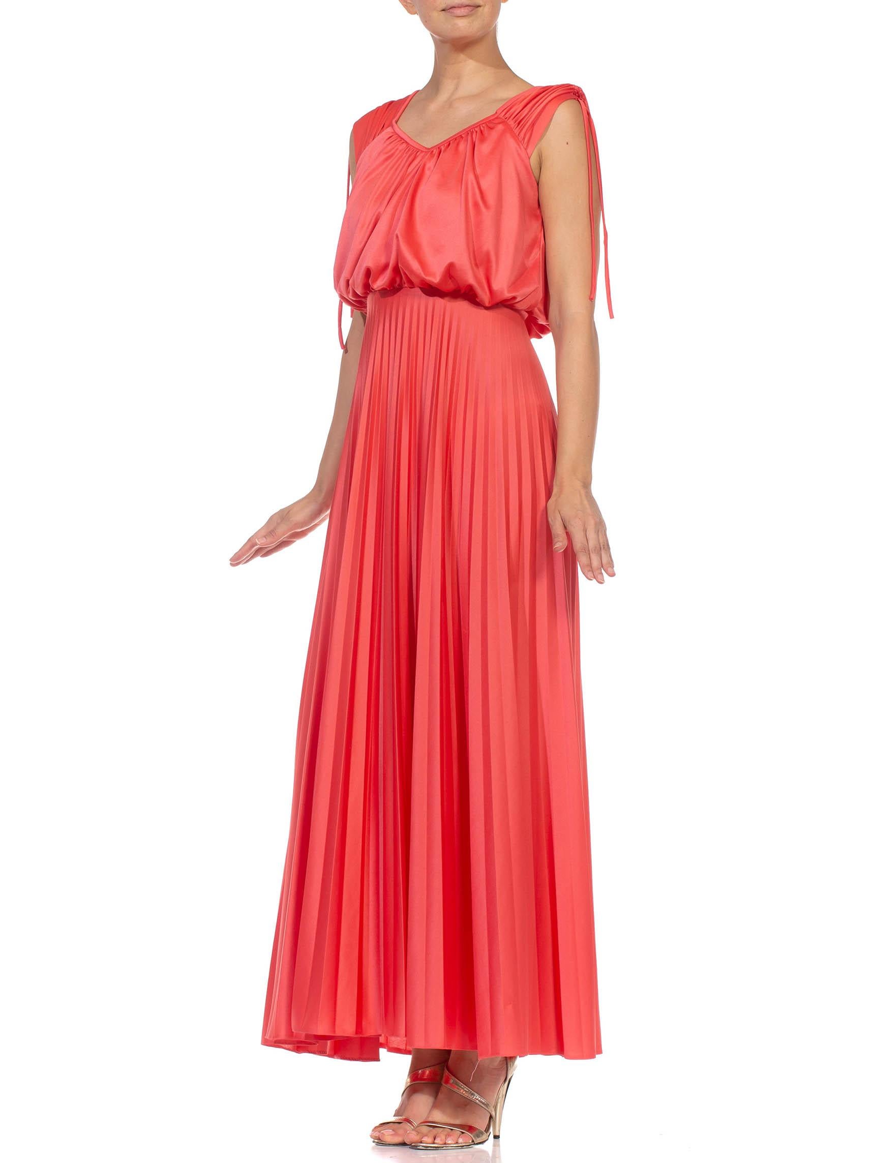 1970S Salmon Red Polyester Jersey Pleated Gown 1