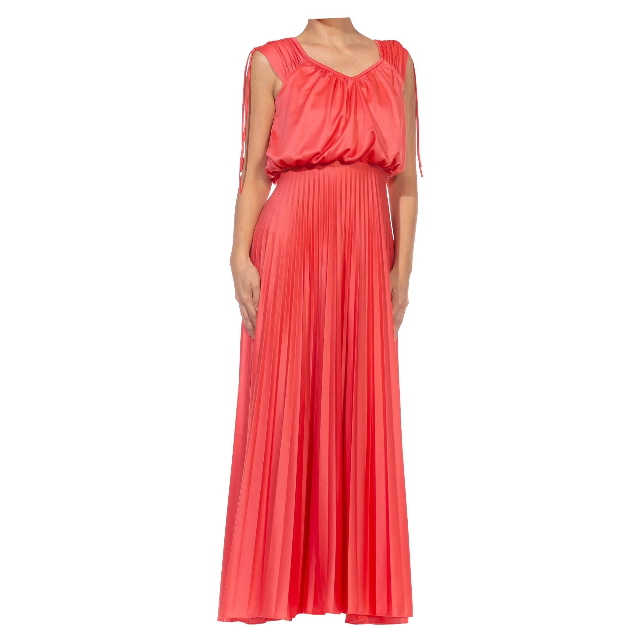 1970S Salmon Red Polyester Jersey Pleated Gown