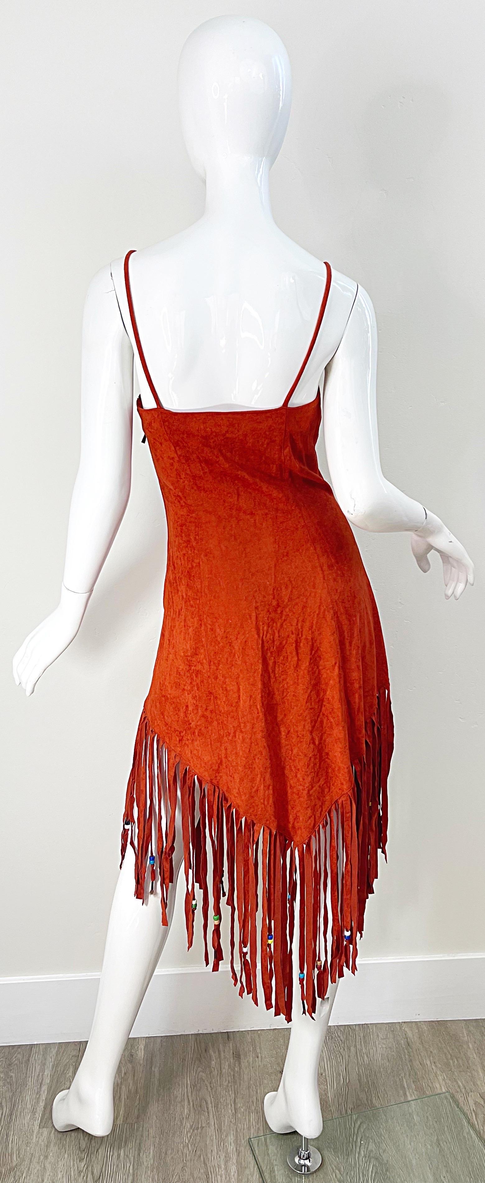 1970s Samir Rust Brown Faux Suede Beaded Fringed Boho Vintage 70s Dress For Sale 2