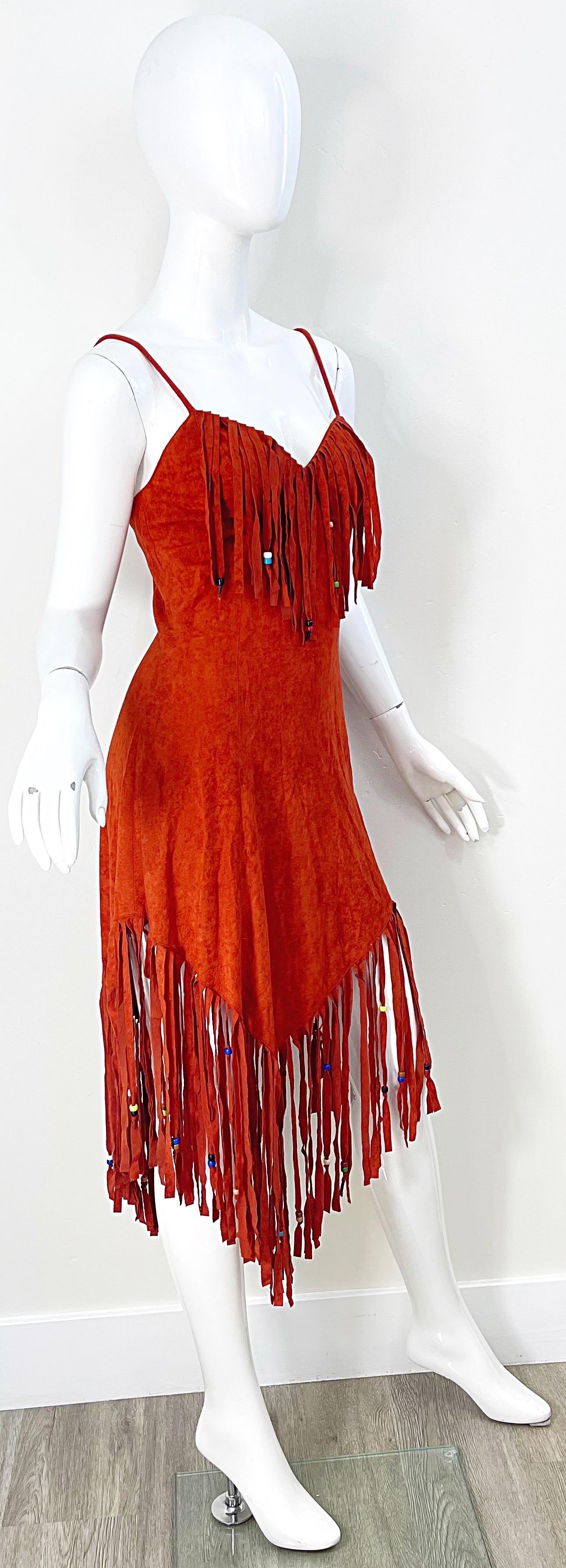 1970s Samir Rust Brown Faux Suede Beaded Fringed Boho Vintage 70s Dress For Sale 3