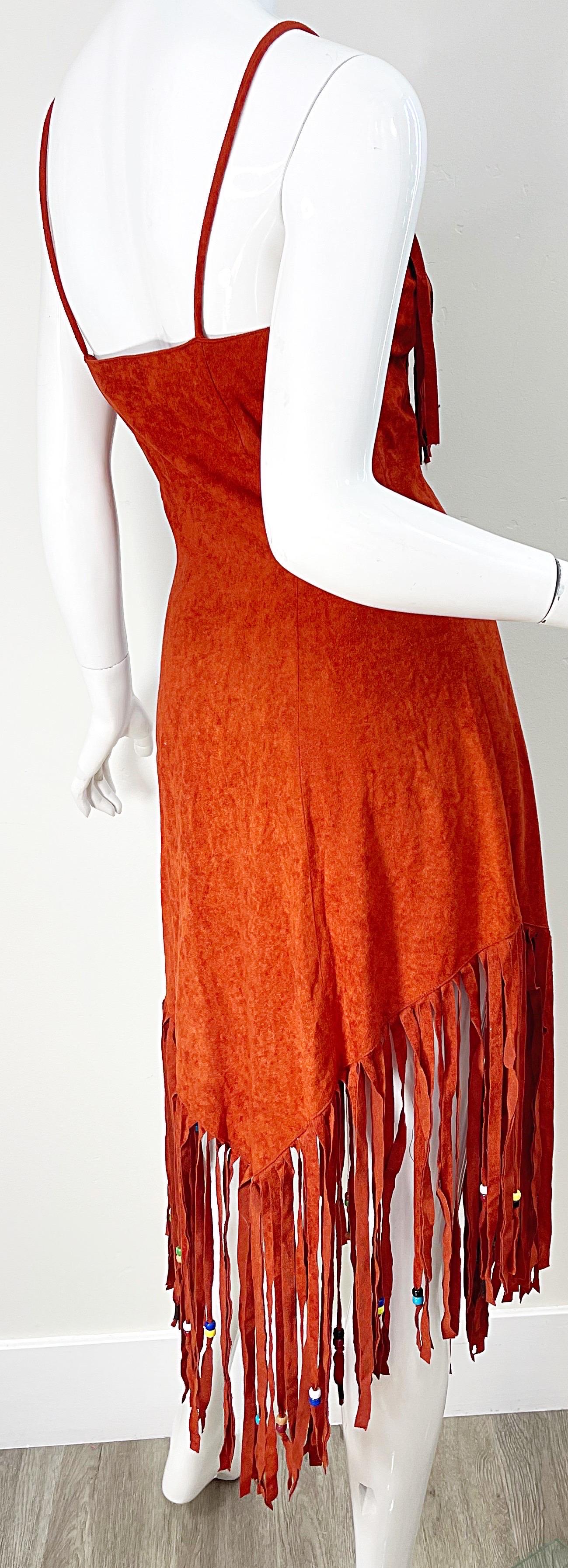 1970s Samir Rust Brown Faux Suede Beaded Fringed Boho Vintage 70s Dress For Sale 4