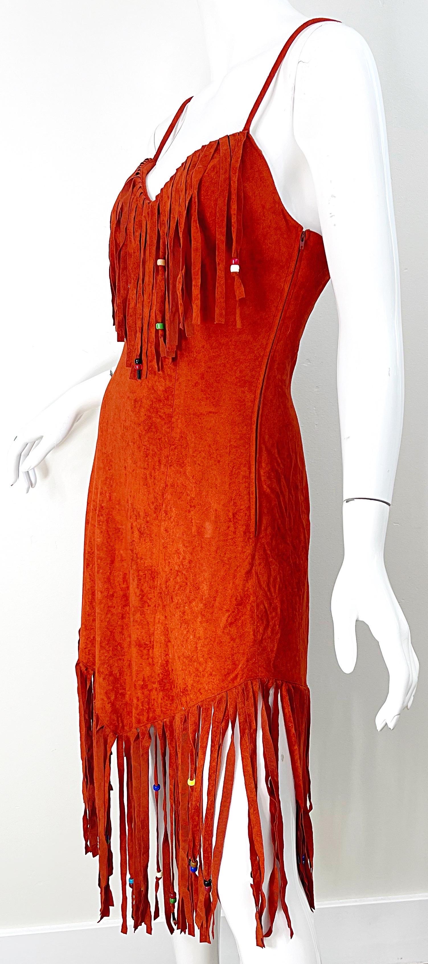 1970s Samir Rust Brown Faux Suede Beaded Fringed Boho Vintage 70s Dress For Sale 5