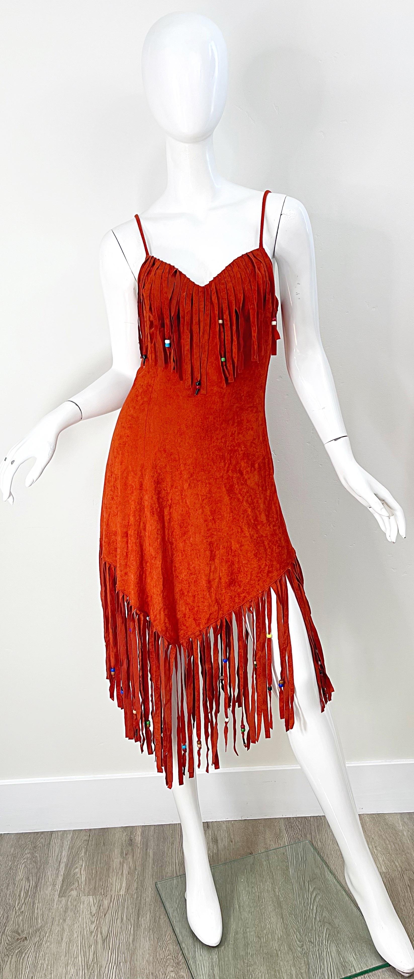 1970s Samir Rust Brown Faux Suede Beaded Fringed Boho Vintage 70s Dress For Sale 6