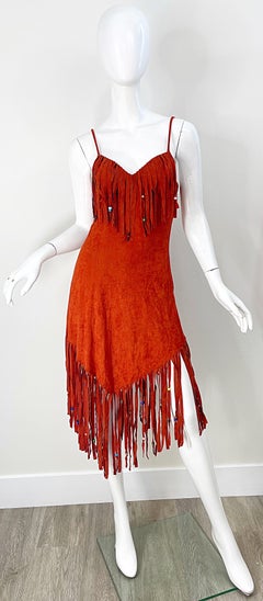 1970s Samir Rust Brown Faux Suede Beaded Fringed Boho Vintage 70s Dress